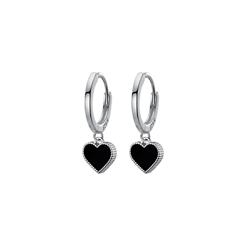 SLUYNZ Solid 925 Sterling Silver Black Heart Hoop Earrings for Women Teens Love Heart Hoop Earrings Huggie - color: A-Sterling Silver