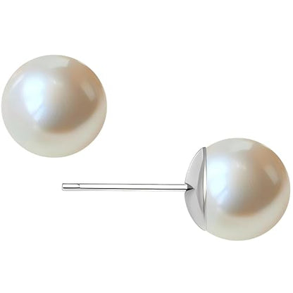 White Faux Pearl Stud Earrings, S925 Silver Posts Hypoallergenic for Women - color: Creamy White, size: 8mm