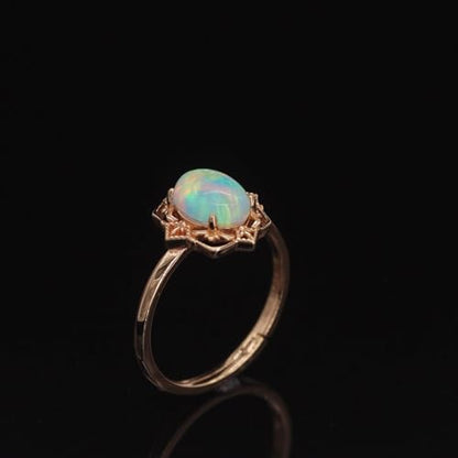 14K Solid Gold over S925 Vintage Court Style Adjustable Ring with Teardrop/Oval Shaped Opal, Luxurious Retro Gemstone Jewelry Accessory,Natural October Birthstone Jewelry for Women