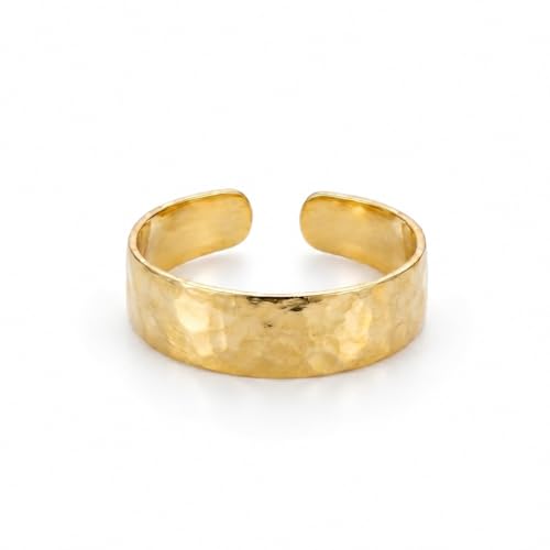 Gold Plated Toe Ring for Women, Adjustable Open Band, Handmade | Fits Toe, Knuckle or Pinky Ring | One Size Fits Most | Comfortable to Wear | Minimalist Style | Water Resistant - color: Wide Band Hammered