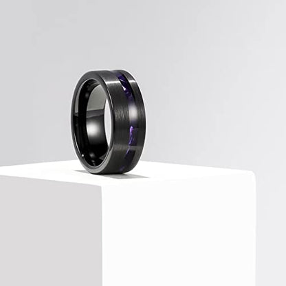 King Will Tungsten Rings for Men with Galaxy Shell Sand Meteorite Inlay | Black, 8mm, Brushed, Pipe Cut, Shell inlay, Everyday Wear - color: purple imitated meteorite