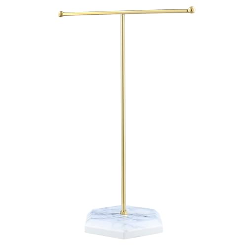 QWORK Jewelry Stand Display Necklace Holder with Electroplated Metal & White Marble Plywood Base - 2 Pack Durable & Stylish Organizer for Stores and Home Use