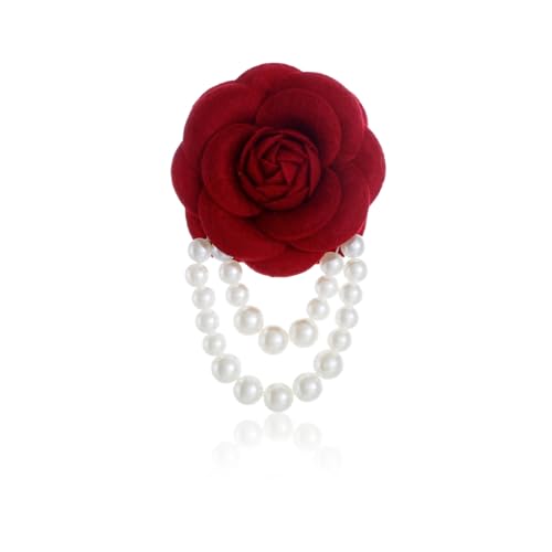Vintage Camellia Brooch for Women,Statement Pearl Tassel Brooch Boho Multicolored Fabric Flower Brooches Laple Pins Dress Wedding Accessories - color: Red
