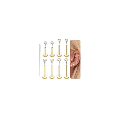 LOLIAS 16G 18G Flat Back Earrings Studs-Hypoallergenic Surgical Stainless Steel Cartilage Earring for Women Internally Threaded Cubic Zirconia Nose Stud Lip Medusa Tragus Helix Piercing Jewelry - color: 18G-2/2.5/3/4mm CZ-14K Gold Plated