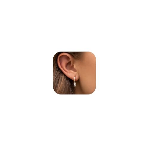 FIBO STEEL 14K Gold Plated Hoop Earrings with Charms for Women Huggie Hoops | Hypoallergenic 925 Sterling Silver Post Dangle Earrings Small Silver Gold Hoops Earring Cubic Zirconia Dangle Drop Jewelry - color: Baguette - 14K Gold Plated