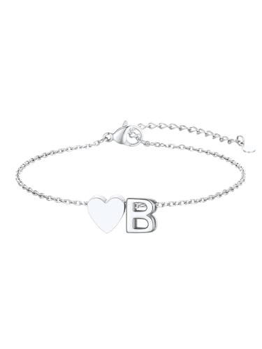 KeyStyle Initial Heart Bracelet for Women Waterproof Stainless Steel Chain | 14K Gold Plated /Silver A-Z Letter Adjustable Charm Bracelet, Hypoallergenic Non Tarnish Dainty Gift for Everyday Wear - color: Silver-B