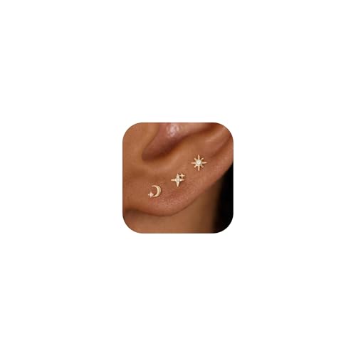 3 Pair Tiny Flat Back Earrings for Women - 14K Gold/White Gold Plated Dainty Cute Small Screw Flatback Stud Earring, Everyday Wear Gift - color: Star&Moon Flat-6/7/7mm Gold