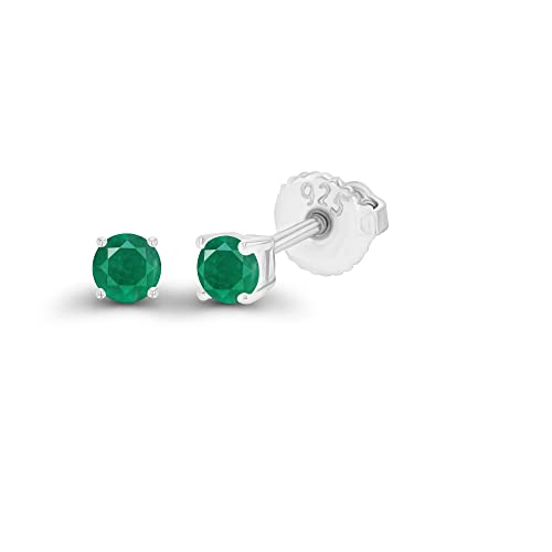 14K Gold Plated 925 Sterling Silver Hypoallergenic 3mm Round Genuine Birthstone Solitaire Screwback Stud Earrings - color: Emerald Genuine