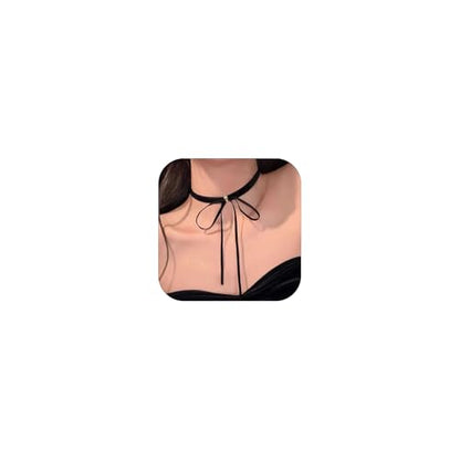 Bow Necklace for Women Red Bow Choker Black Ribbon Necklace Pearl Velvet Lace Necklaces Cute BowKnot Necklaces for Christmas Gifts - color: black