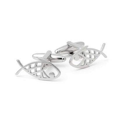 Men’s Abstract Fish Cufflinks – Stainless Steel Nautical-Themed Cuff Links with Gift Box & Polishing Cloth – Available in Silver & Gold - color: steel