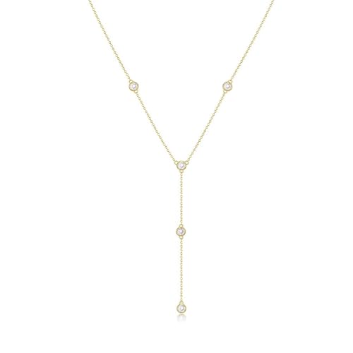 Zeffy Lariat Gold Necklace for Women, Dainty Long Necklace 14k Gold/Silver Plated Layered CZ Beaded Bar Chain Y-Shaped Body Chain Stack Drop Wedding Necklace Trendy Simple Gold Jewelry Gifts - color: Gold Five CZ Y Necklace(1PCS)