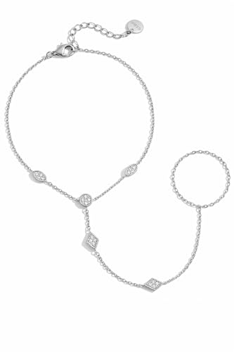 Mchic Hand Chain Tennis Bracelets for Women Trendy: Dainty Diamond Beaded Bracelet 14K Gold Plated/Silver Finger Ring Bracelet Hand Chain Jewelry Adjustable Sparkly Prom Bracelets - color: Rhombic CZ hand chain silver