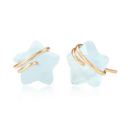 Raw Gemstone Star Stud Earrings for Women Handmade Star Chakra Healing Crystal Earrings Amethyst Raw Rose Quartz Gemstone Prong Stud Earrings Birthstone Jewelry Gift Ideas - color: Aquamarine