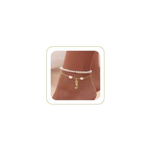 Robaice Anklets for Women, 14K Gold Plated Layered Ankle Bracelets | Waterproof Figaro Link Pearl Anklet, Ankle Bracelets for Women Stackable, Summer Beach Jewelry Gifts Non Tarnish - style: Gold Seahorse Anklet