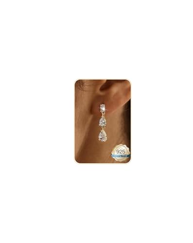 14K Gold Plated/Sterling Silver CZ Pearl Drop Dangle Earrings for Women - color: Gold-3 CZ