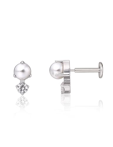 limerencia G23 Hypoallergenic 18g Flat Back Stud Earrings | F136 Implant Grade Titanium Pressfit Threadless Push Pop in Cartilage Helix Labret Lip Monroe Tragus Flat Back Piercing Studs - color: CZ + Pearl