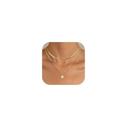 Kakonia Layered Gold Necklaces for Women, 3-Piece Gold Necklace Stack | 14K gold plated pendant necklace set, 3 dainty gold chains, trendy jewelry for women, ideal for weddings, proms or gifting - style: Sun Pendant