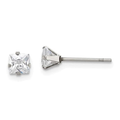 Diamond2Deal Stainless Steel Polished 4mm Square Cubic Zirconia Stud Earrings Len-0.18 In, Wid-0.18 In