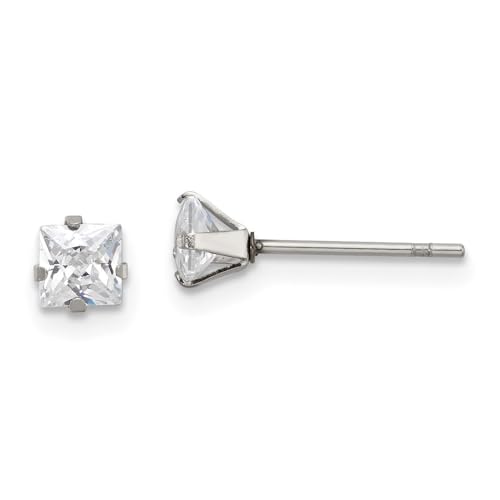 Diamond2Deal Stainless Steel Polished 4mm Square Cubic Zirconia Stud Earrings Len-0.18 In, Wid-0.18 In