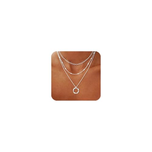 Stackable Silver Plated Layered Choker Necklaces for Women | Stacked Stacking Layering Dainty Silver Plated Necklace, Beach Circle Paperclip Pendant Chain Necklaces Trendy, Jewelry Set - color: 3PCS / Twisted Circle & 2 Chains - Silver