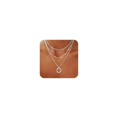 Stackable Silver Plated Layered Choker Necklaces for Women | Stacked Stacking Layering Dainty Silver Plated Necklace, Beach Circle Paperclip Pendant Chain Necklaces Trendy, Jewelry Set - color: 3PCS / Twisted Circle & 2 Chains - Silver