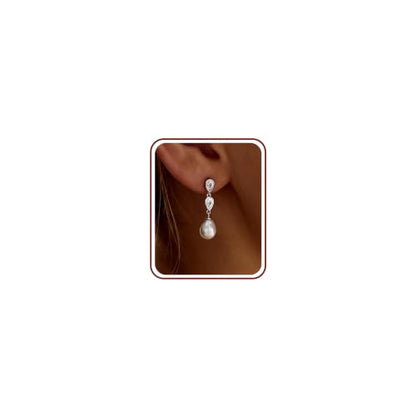 Pearl Earrings for Women, 14k Gold Plated Trendy Diamond Pearl Drop Earrings Hypoallergenic Dainty Bridal Gifts Wedding jewelry for Women - color: Silver-Pearl Style B