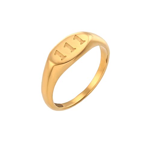 PAMTIER Women's Angel Number Signet Ring Gold Plated Oval Shaped | Stainless Steel, Minimalist Statement Band, Dainty Simple Numerology Jewelry Gift - color: 111