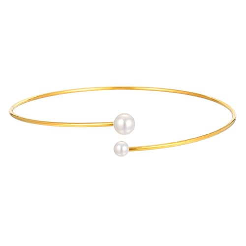 JAJAFOOK Minimalist Round Gold-Tone Bar Necklace Simple Fashion High Neck Choker Female King Neckwire - color: Wire with faux pearl‌