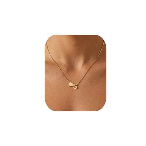 18K Real Gold Plated Heart Initial Necklace for Women-Personalized A-Z Letter Pendant on Durable Stainless Steel Box Chain (16+2.5 inch Adjustable) Hypoallergenic Everyday Jewelry Gift Boxed for Mom Wife - style: Gold:S