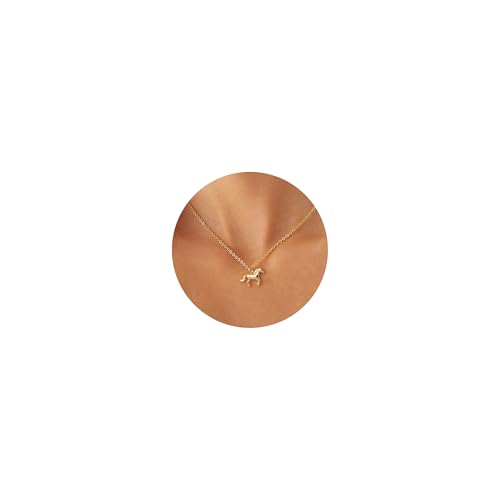 Dainty Gold Necklace: 14k Gold Plated Dianty Boots Bow Sun Moon Horse Evil Eye Conch Seahorse Necklace for Women 16.5"+2" - color: Horse