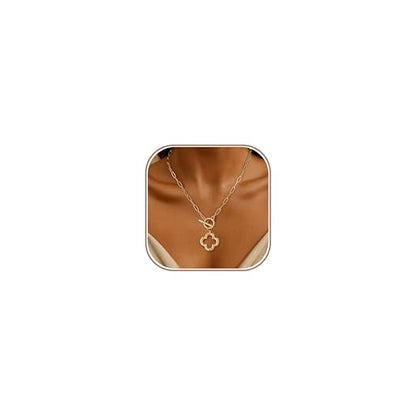 Chunky Gold Necklace for Women Trendy Non Tarnish 14K Gold Plated Paperclip Chain Charm Necklaces Chunky Heart Cross Clover Pearl Pendant Necklace with Toggle Clasp Statement Jewelry Gift for Women - color: D-Clover
