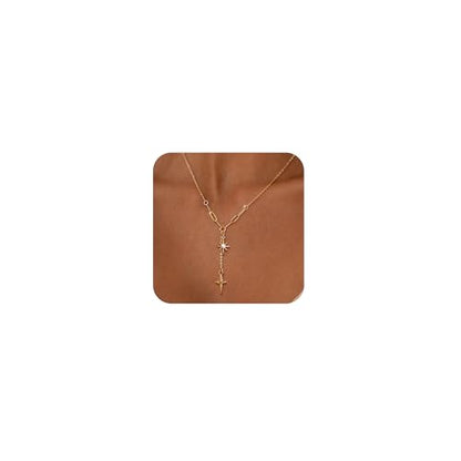 CHESKY Lariat Necklace for Women，14k Gold/Sliver Plated Layered Necklace | Gold/Sliver Long Necklace，Dainty Cross Pendant, Wedding Y-Shaped Drop Chain, Waterproof Jewelry Gift for Women Everyday Wear - style: Ystar