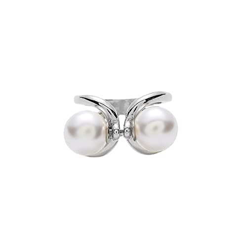 Double Pearls Silk Scarf Ring Clip Brooch for Women Girls 10mm Artificial Shell Pearl Butterfly Bowknot Shawl Scarves Statement Finger Rings Size 8 Dainty Mother's Birthday Wedding Party Jewelry Gift - color: Silver