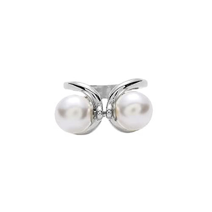 Double Pearls Silk Scarf Ring Clip Brooch for Women Girls 10mm Artificial Shell Pearl Butterfly Bowknot Shawl Scarves Statement Finger Rings Size 8 Dainty Mother's Birthday Wedding Party Jewelry Gift - color: Silver