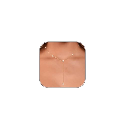HERIER Lariat Gold Necklace for Women, Dainty Long Necklace 14k Gold Plated/Silver Y-Shaped Layered Beaded Chain Drop Necklaces for Women Trendy Simple Gold Jewelry for Women Gifts - color: Y-6CZ-Gold