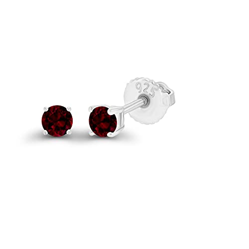 14K Gold Plated 925 Sterling Silver Hypoallergenic 3mm Round Genuine Birthstone Solitaire Screwback Stud Earrings - color: Garnet