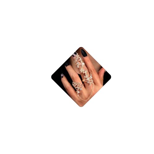 Rhinestone Finger Ring for Women Sparkly Crystal Butterfly Flower Leaf Adjustable Statement Chain Rings Punk Jewelry - color: Gold Leaf