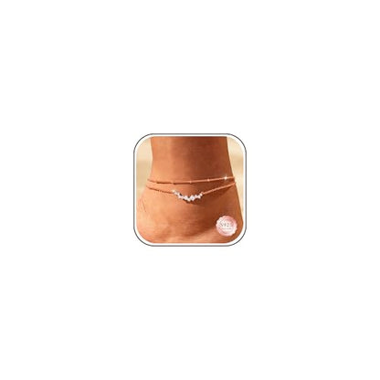 Sterling Silver Ankle for Bracelets Women 14K Gold Waterproof Layered Stackable Chain Sparkling Zircon Adjustable Non Tarnish Anklet Bracelet for Summer Beach Jewelry Gift - color: Rose GoldB