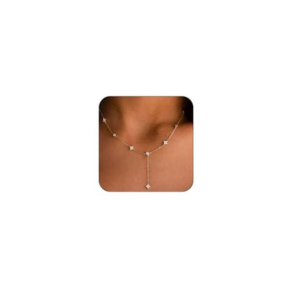 Gold Necklace for Women - Dainty Long Lariat Necklace 14K Gold Plated Clover Star Teardrop CZ Y Shaped Drop Necklaces Cute Long Necklaces for Women Trendy Prom Formal Womens Jewelry - color: Gold-Clover Drop