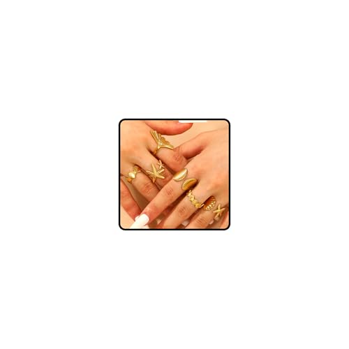 Chunky Gold Shell Starfish Ring Set for Women Trendy Gold Flower Scallop Seashell Starfish Gemstone Rings Adjustable Stacking Statement R-ings Non Tarnish Spring Summer Jewelry Accessories - color: A6:6 pcs