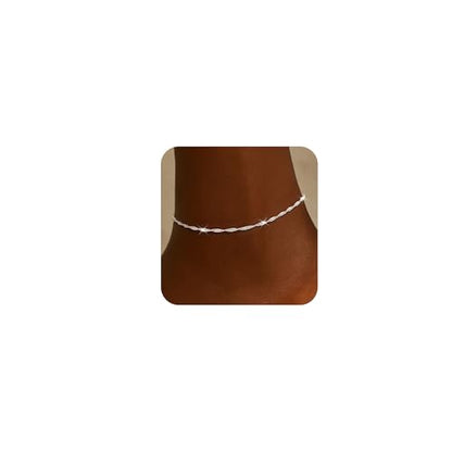Moodear Ankle Bracelets for Women 14K Silver Plated Layered Chain Anklets | Waterproof Non Tarnish Adjustable Double Layer Anklet with Satellite Bead Chain Design for Summer Beach Jewelry Gift - color: silver-1