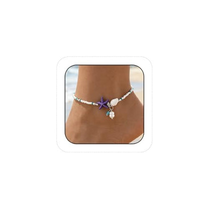 Beaded Ankle Bracelets for Women Boho Starfish Shell Pearl Beaded Ankle Bracelets Stacked Strench Silver Ankle Bracelet Non Tarnish Adjustable Hawaiian Summer Beach Surfer Foot Jewelry - color: Purple