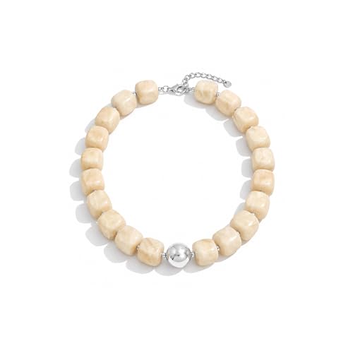 Mchic Colorful Beaded Choker Necklace for Women: Boho Large Square Acrylic Beaded Necklace Stainless Steel Adjustable Surfer Beach Strand Necklaces Summer Handmade Jewelry Gift for Women - color: Ivory White-Silver