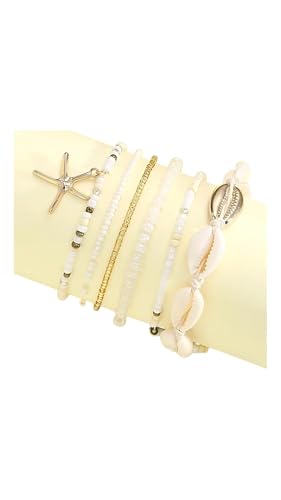Boho Beach Anklets for woman Set, Sea shell and Starfish Charm, waterproof White Pearl Beaded, 6 Layer Ankle Brace adjustable, bracelet anklet, jewerly for woman