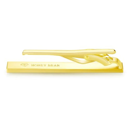 HONEY BEAR 2.12" Standard Tie Clip Bar 3-Piece Set for Men Wedding Business | Classic Minimalist, Steel-Plated Copper Base, Gift-Boxed, Thickened, Rounded Corners, Easy to Slide On, No Snag or Wrinkle - style: Gold Brushed Horizontal with box