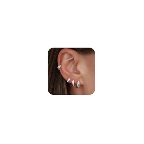 CHESKY 4 Pairs Small Huggie Hoop Earrings for Women - Chunky 14K Gold Plated/Silver Plated Lightweight Earring Stacks Cartilage Hoop Earrings Set for Multiple Piercing Trendy Jewelry - style: 4hoops-sl
