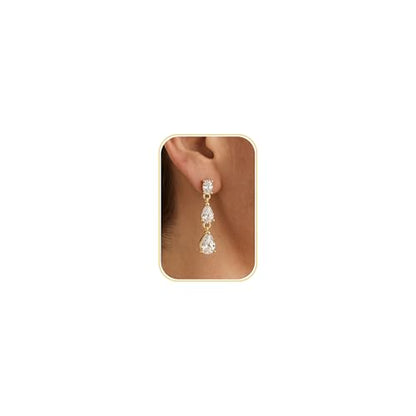 Dangle Earrings for Women - 14K Gold/White Gold/Rose Gold Plated Butterfly Heart Star Hoop Chain Long Tassel Cubic Zirconia CZ Dangle Earrings - color: gold teardrop