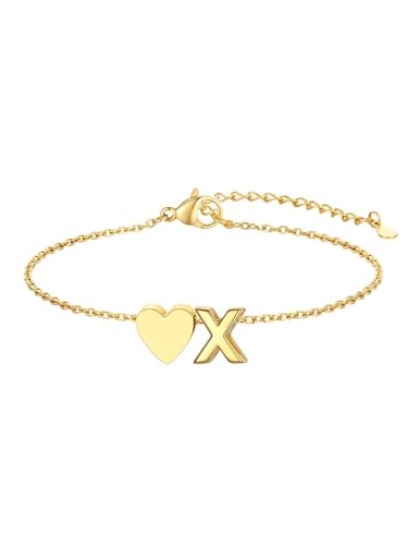 KeyStyle Initial Heart Bracelet for Women Waterproof Stainless Steel Chain | 14K Gold Plated /Silver A-Z Letter Adjustable Charm Bracelet, Hypoallergenic Non Tarnish Dainty Gift for Everyday Wear - color: 14K Gold Plated-X