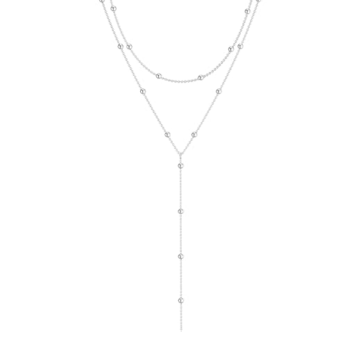 Zeffy Lariat Gold Necklace for Women, Dainty Long Necklace 14k Gold/Silver Plated Layered CZ Beaded Bar Chain Y-Shaped Body Chain Stack Drop Wedding Necklace Trendy Simple Gold Jewelry Gifts - color: Silver Bead Y Necklace (1PCS)