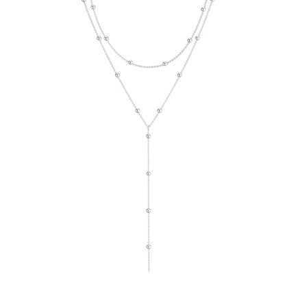 Zeffy Lariat Gold Necklace for Women, Dainty Long Necklace 14k Gold/Silver Plated Layered CZ Beaded Bar Chain Y-Shaped Body Chain Stack Drop Wedding Necklace Trendy Simple Gold Jewelry Gifts - color: Silver Bead Y Necklace (1PCS)
